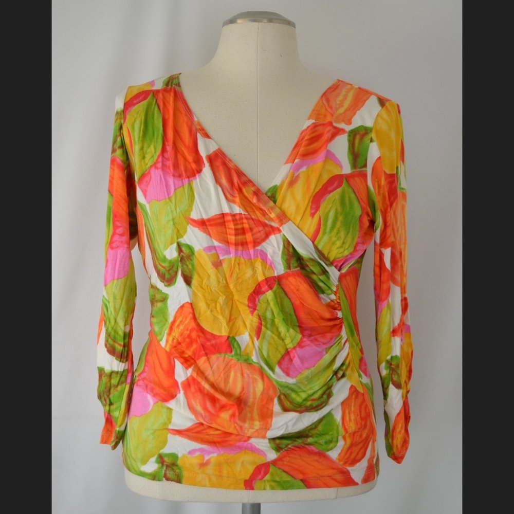 NWT CAbi Floral Faux Wrap 3/4-Sleeve Top